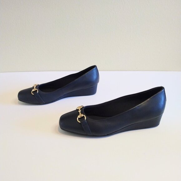 Easy Spirit Navy Blue Leather Guliana Wedge Heels Size 8 - Picture 1 of 5